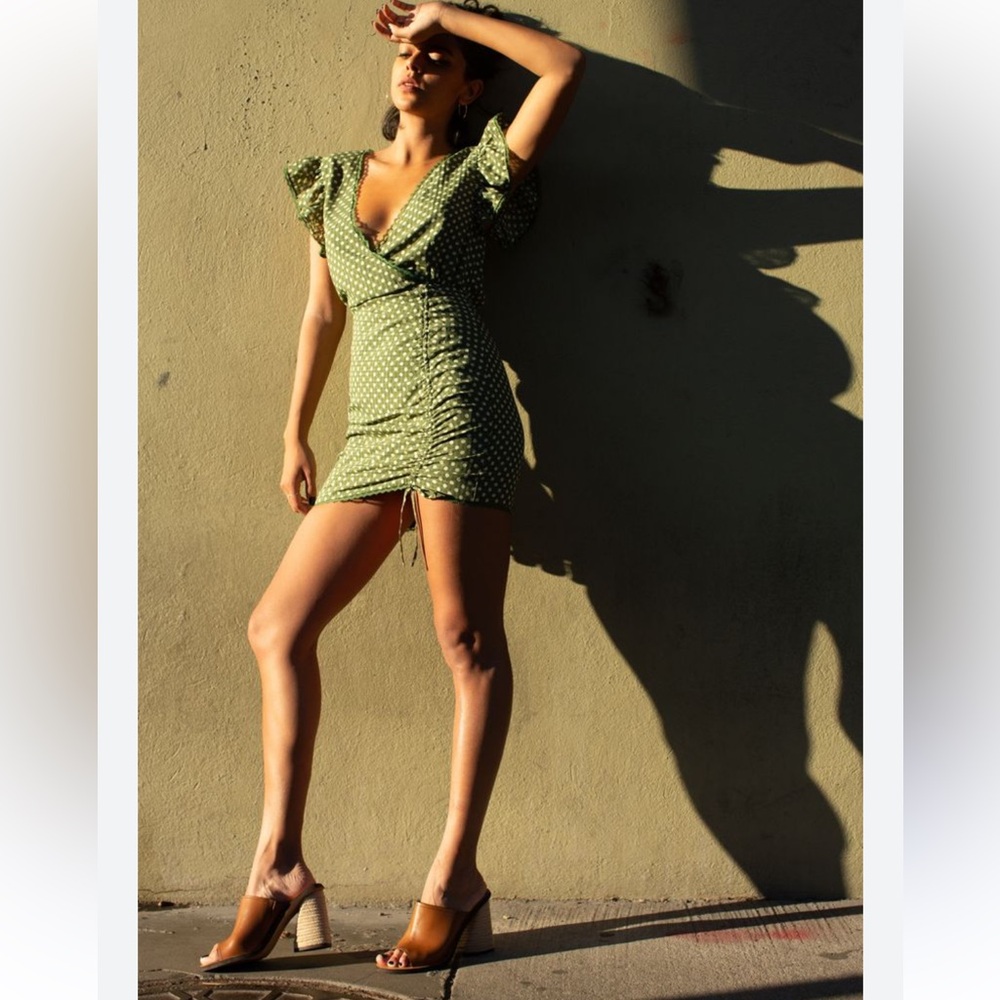 Tularosa Huntington olive Green polka dot Mini Dress with Flutter Sleeves - Picture 6 of 15
